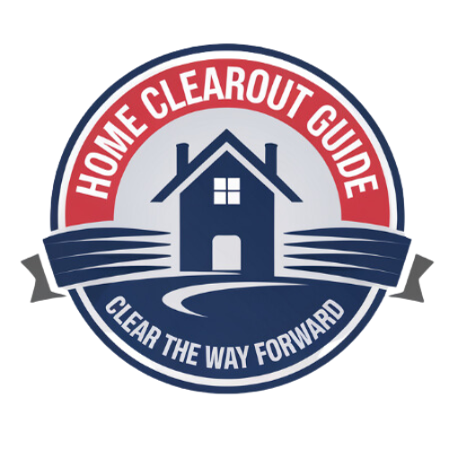 home clearout guide logo of a red white and blue circle with a house and a path in the front, a bottom slogan reads clear the way forward