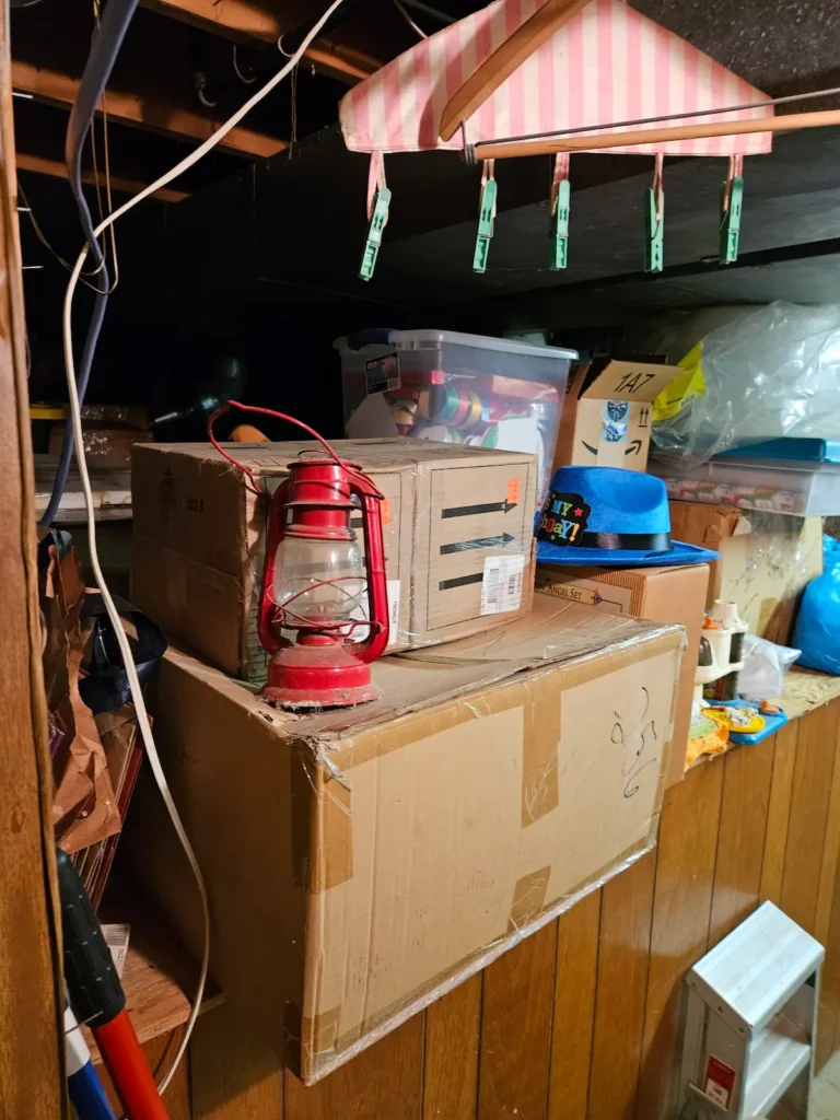 jam packed crawlspace, boxes, bins, and a lantern, home clear out, declutter