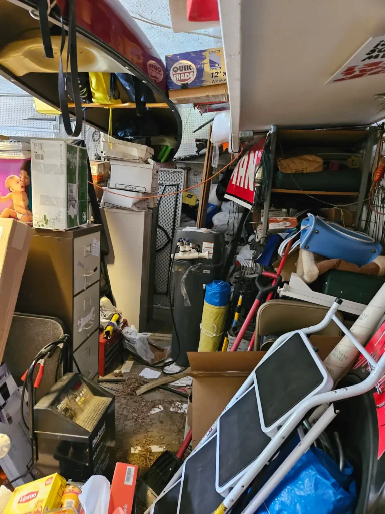 cluttered garage, packed garage, ladder, canoe, shelves, home clear out, filing cabinets, home clear out, declutter