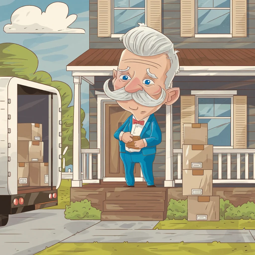 cartoon image of an old man moving out of his house, downsizing, decluttering