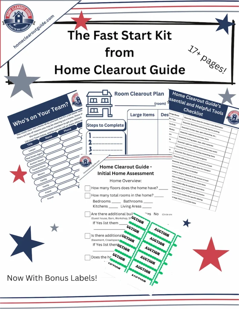 Fast Start Kit from Home Clearout Guide, featuring an initial home assessment, team building worksheet, essential tools checklist, and labels for organization