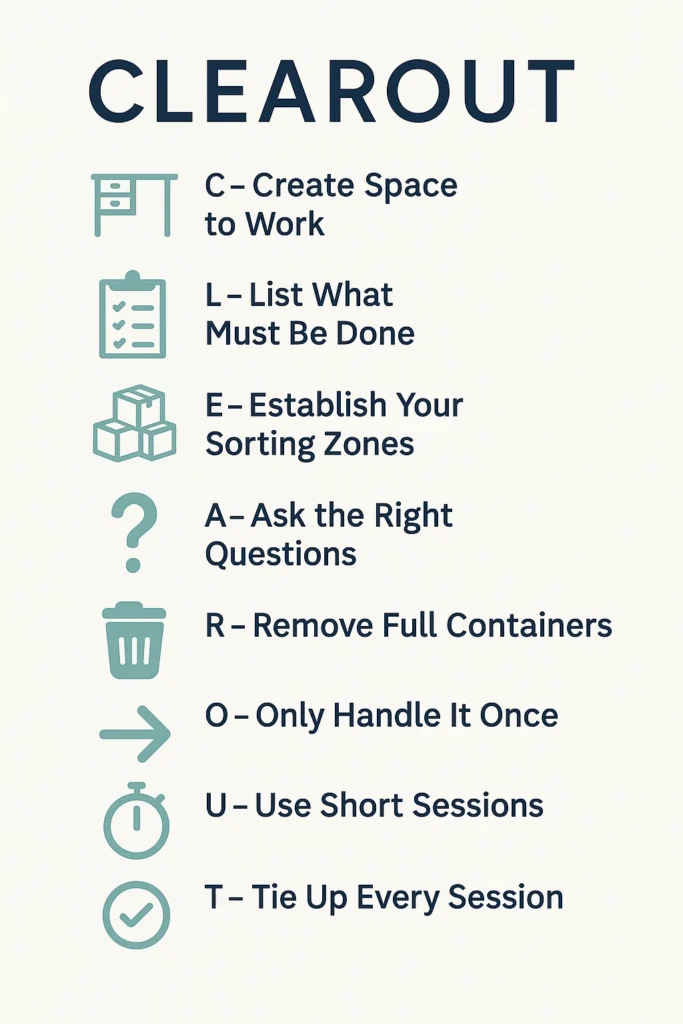 Infographic-style graphic showing the word CLEAROUT vertically with simple icons beside each letter.