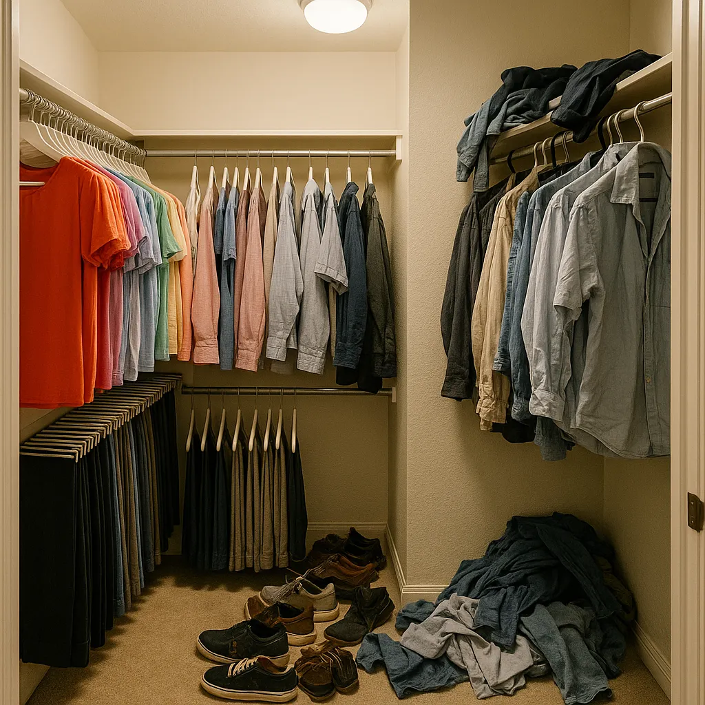a cluttered closet, the left side with women's clothes has been organized but the man's clothes and shoes on the right is very disorganized with clothes in a pile on the floor