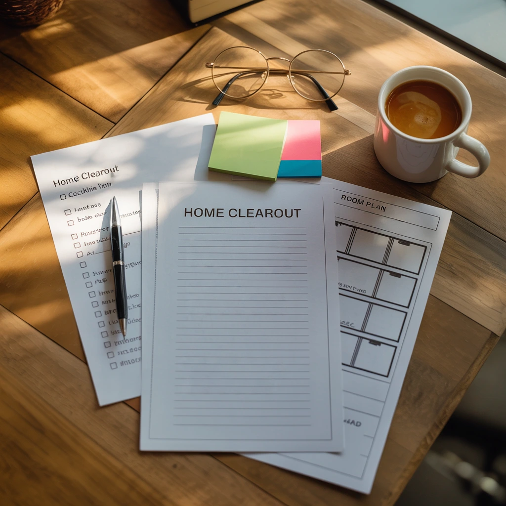 Printed home clearout project worksheets, sticky notes, and a pen laid out on a table next to a cup of coffee.