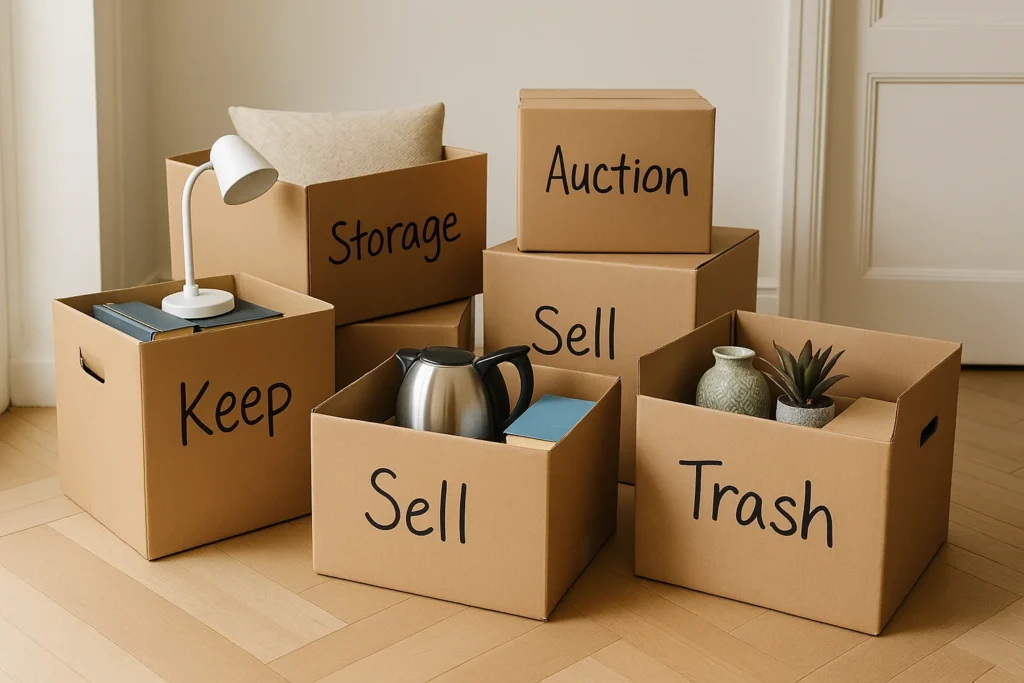 Six labeled cardboard boxes for Keep, Storage, Sell, Auction, Give To, and Trash, partly filled with household items.