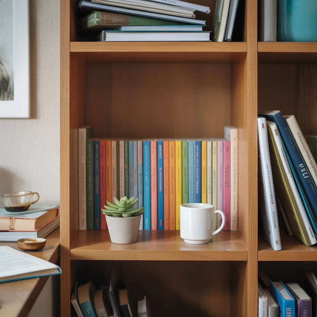 Close-up of a single small shelf that has been cleared and organized, with some remaining clutter nearby.