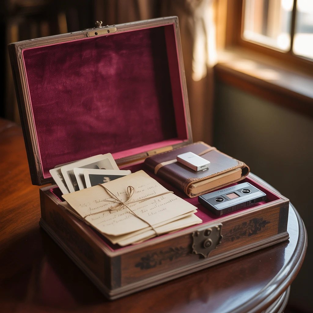 Open memory box filled with old photos, letters, a small journal, and a video tape or USB drive.