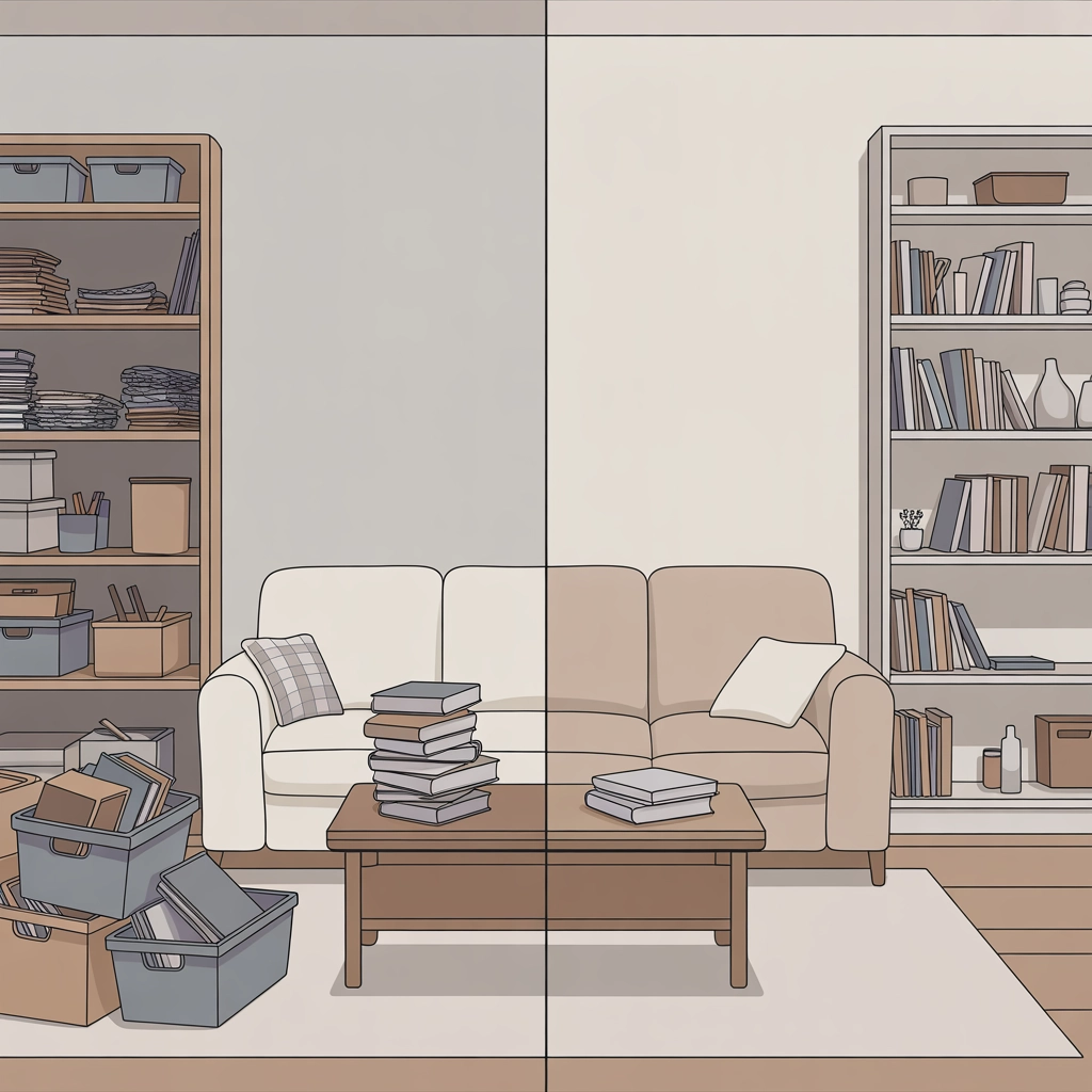 Split view of the same room cluttered on one side and calmer and more organized on the other.