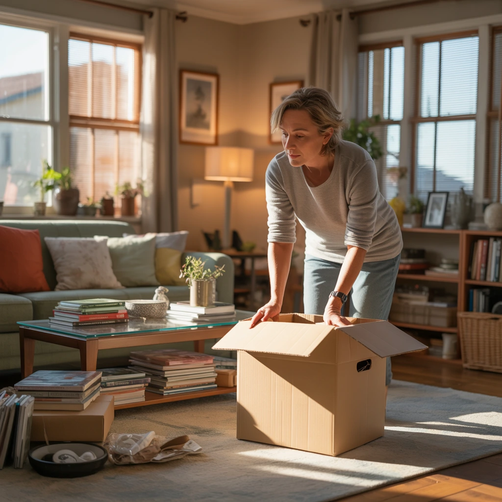 Adult woman calmly packing a box in a partially decluttered living room with a clear coffee table and some clutter still in the background.