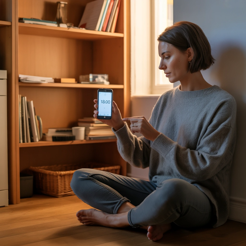 Person setting a timer on their phone while working on a small decluttering project in a room.