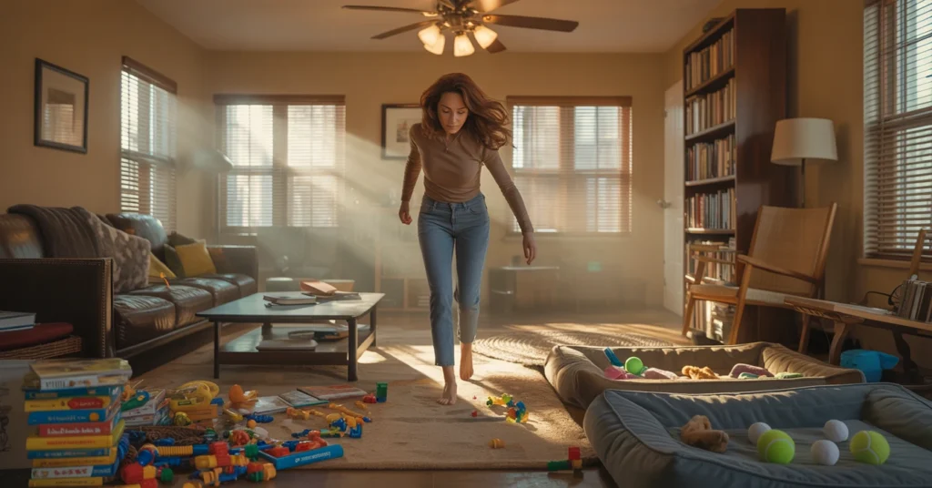 woman walking through cluttered living room with kids toys and dog clutter