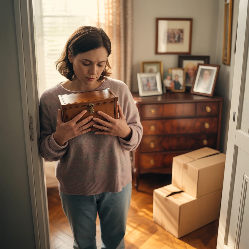 Adult female child holding a small box of keepsakes while looking into an older parent’s bedroom during an estate clearout.